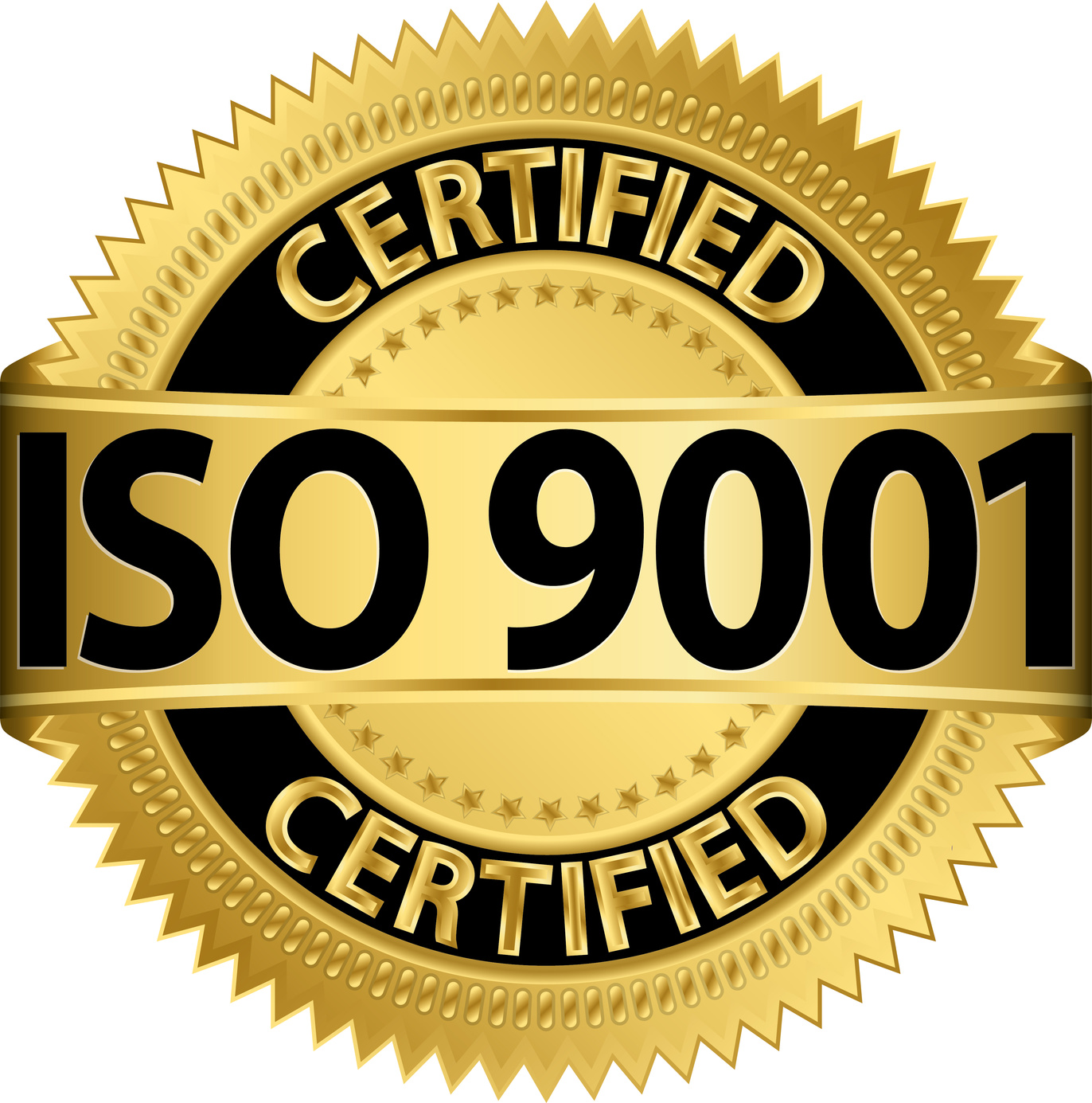 ISO 9001 certified golden label, vector illustration